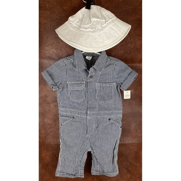 Baby Gap 1pc Romper & Sun Hat Shorts 6-12 Mo Outfit Striped Train Conductor NWT
